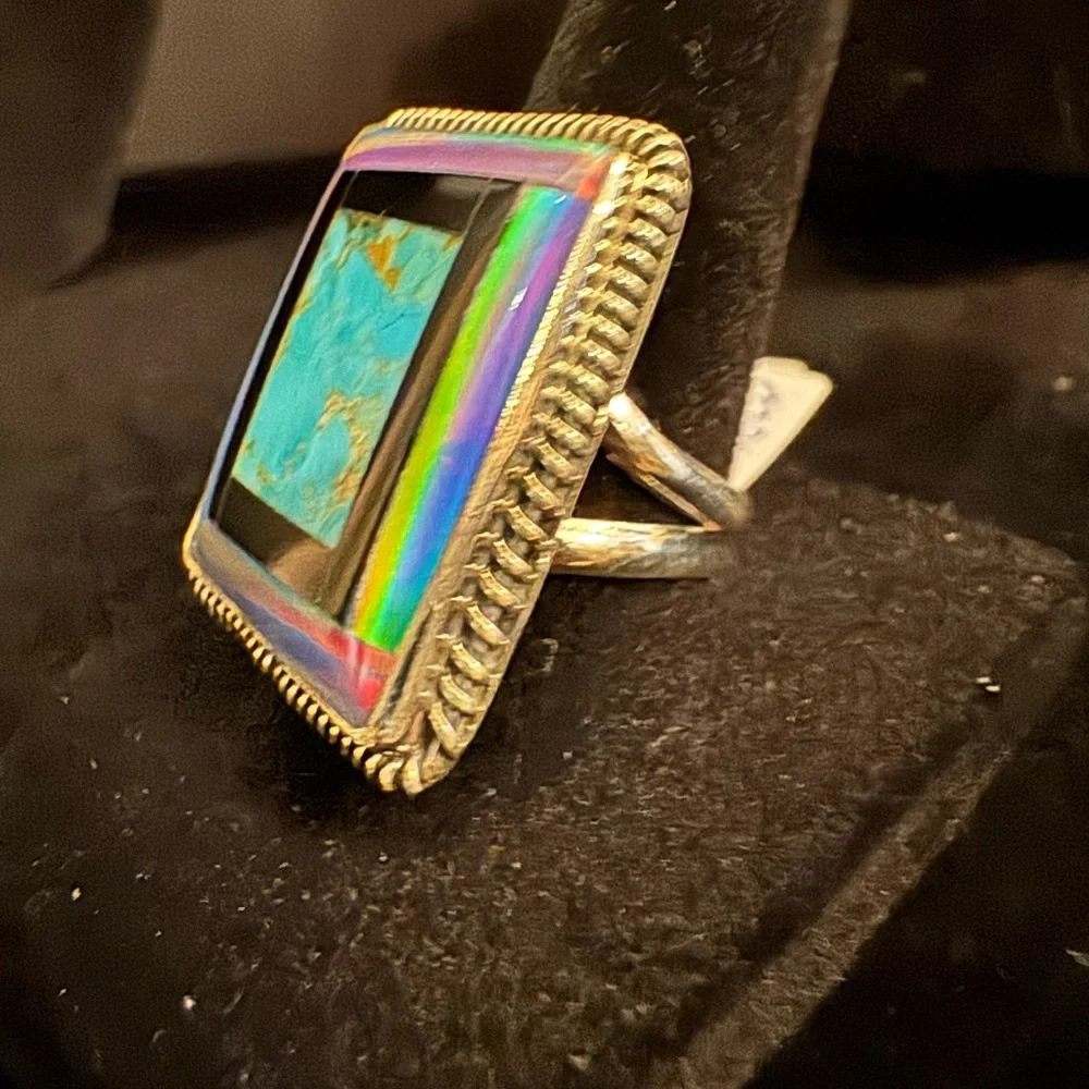Beautiful‎ Turquoise, opal, black onyx and sterling Silver Ring